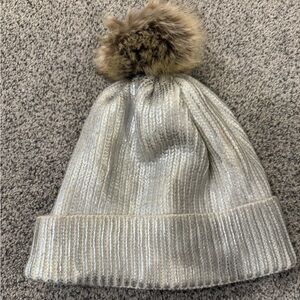Cream Silver Knit Beanie with Faux Fur Pom
